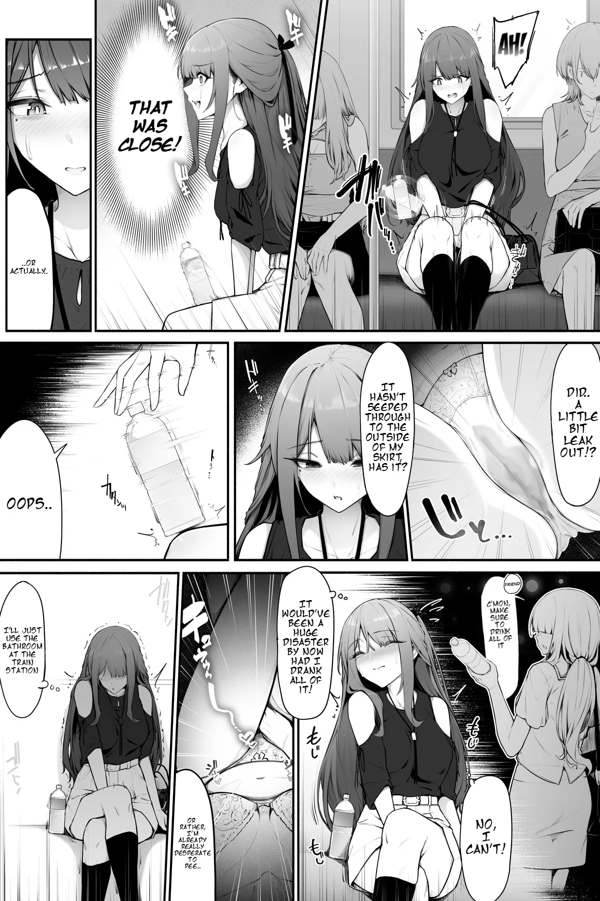 A woman who needs to pee but drinks water to help her pee 2